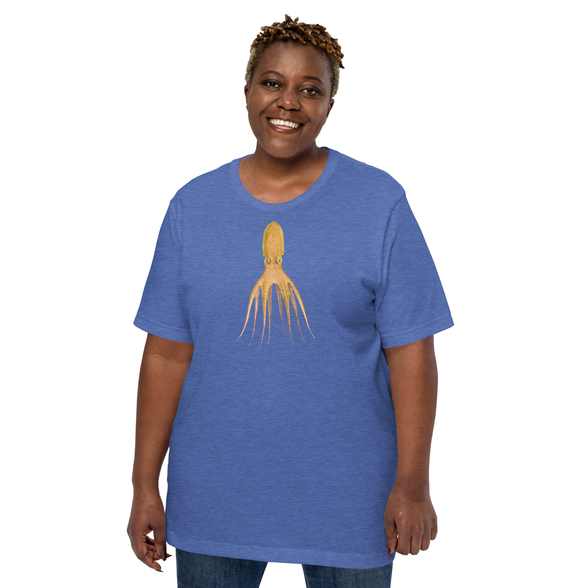 Octopus Cocco tee in Heather Royal Blue - cephalopod art on soft unisex tee