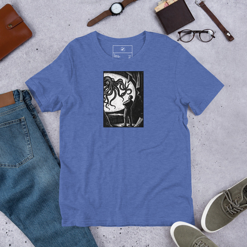 20,000 Leagues Under the Sea vintage lithographic illustration t-shirt — giant squid scene on dark unisex Bella Canvas tee