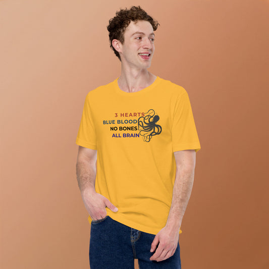3 Hearts Blue Blood No Bones All Brain octopus t-shirt in light blue — cephalopod biology facts design on unisex Bella Canvas tee