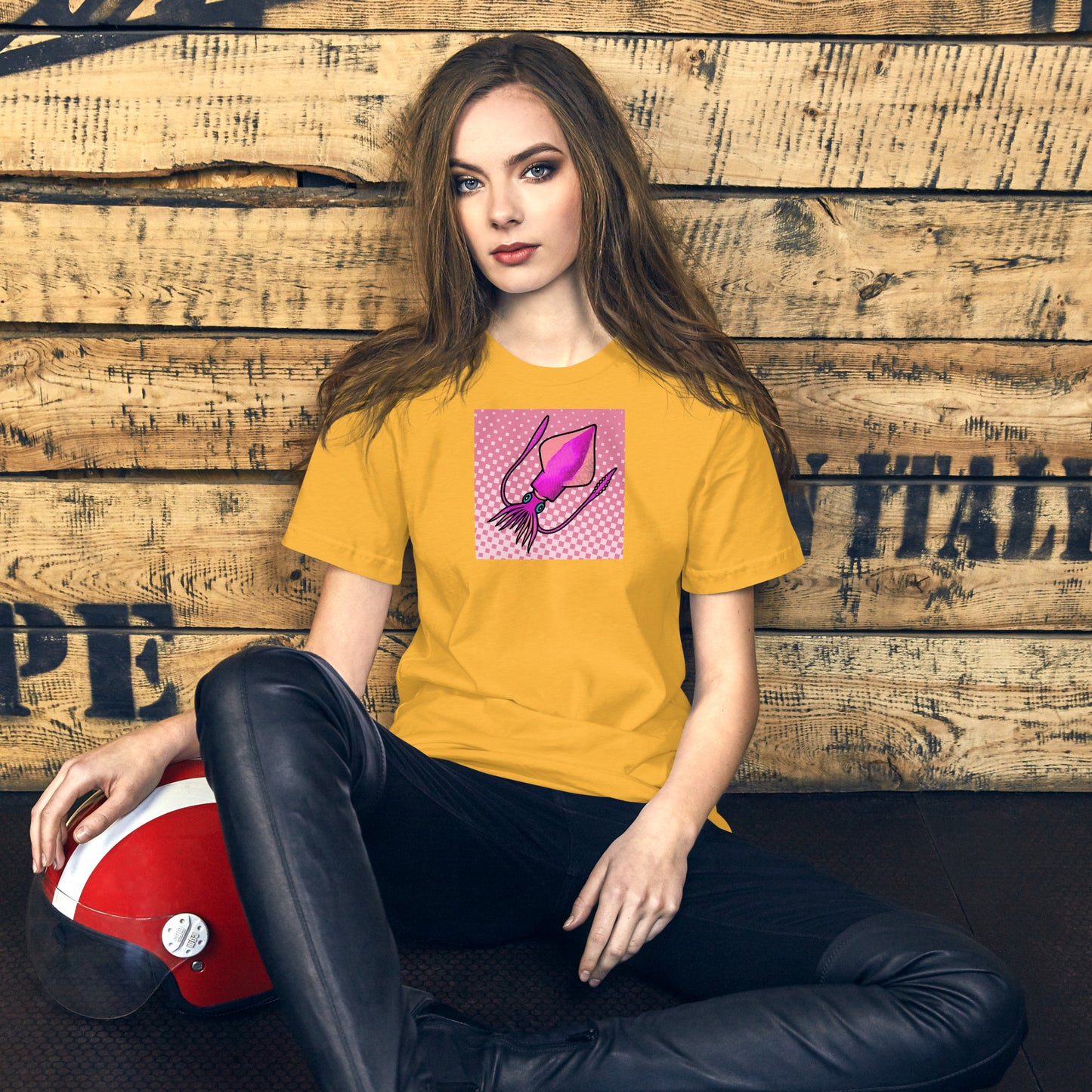 Loligo Vulgaris Squid pop art t-shirt — purple and pink squid illustration on bright unisex Bella Canvas tee