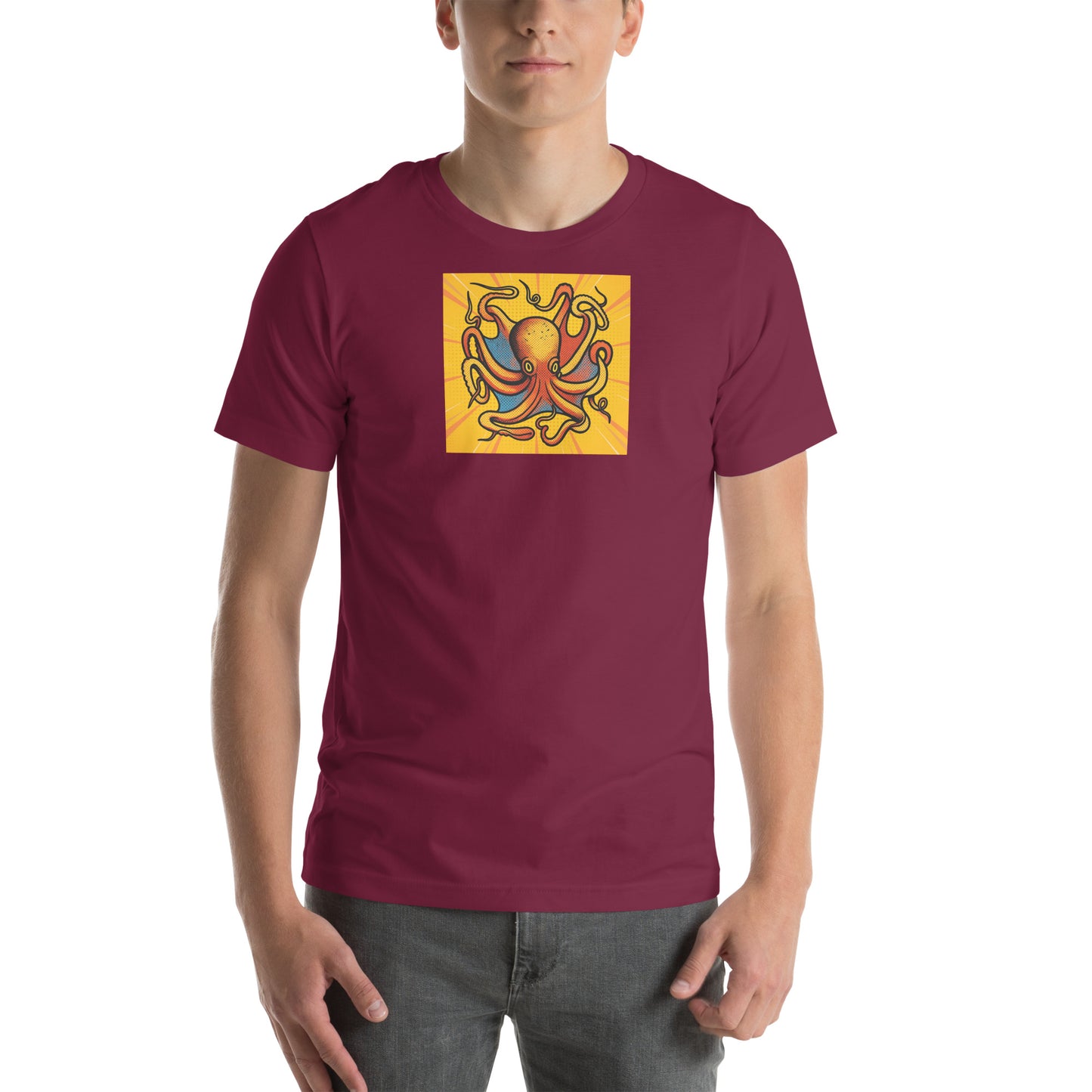 Octopus Vulgaris pop art t-shirt — bold orange and blue octopus illustration on unisex Bella Canvas tee