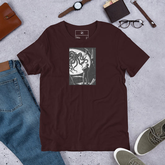 20,000 Leagues Under the Sea vintage lithographic illustration t-shirt — giant squid scene on dark unisex Bella Canvas tee