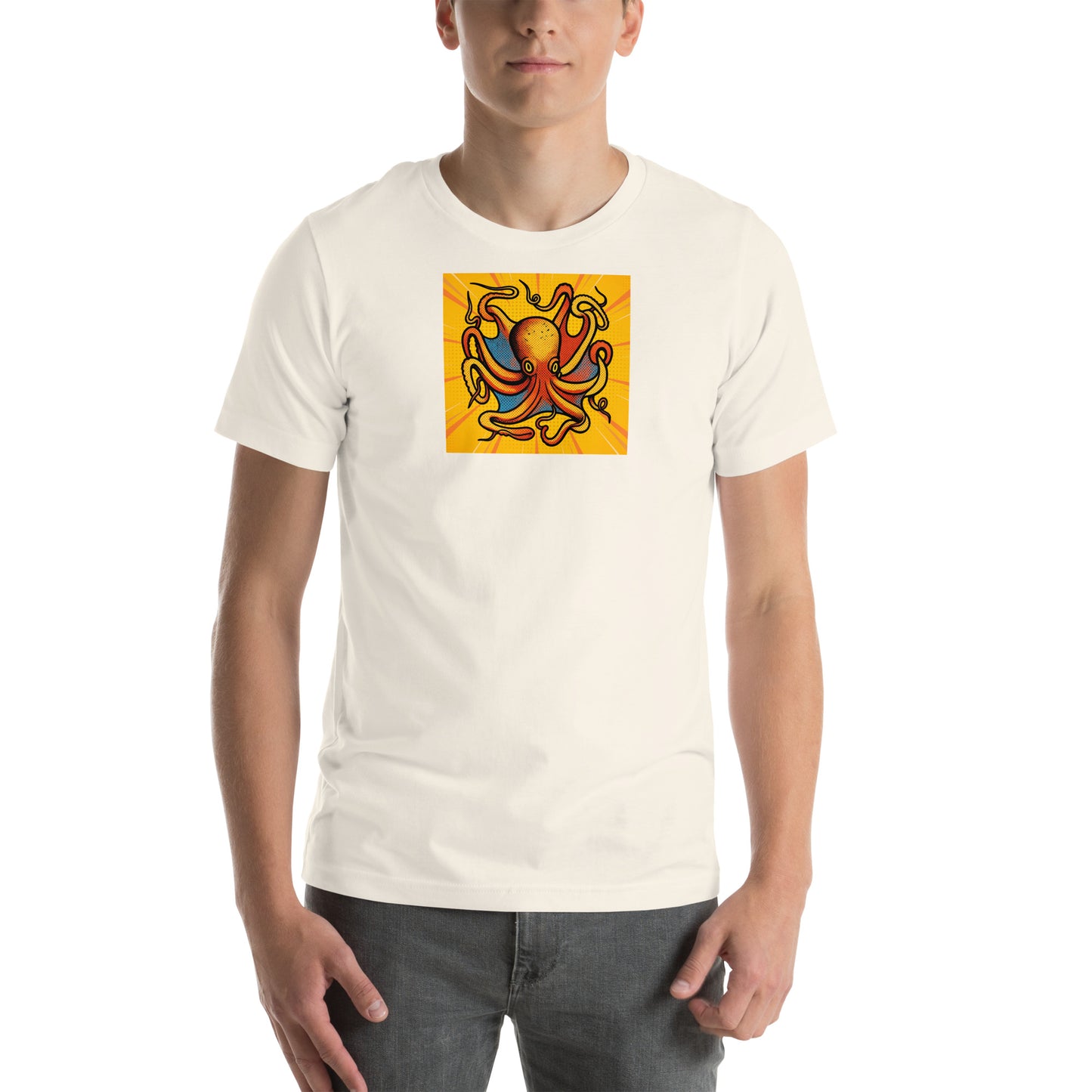 Octopus Vulgaris pop art t-shirt — bold orange and blue octopus illustration on unisex Bella Canvas tee