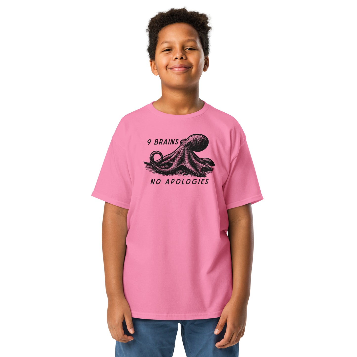 9 Brains No Apologies giant Pacific octopus linocut youth t-shirt on young girl — kids cephalopod tee