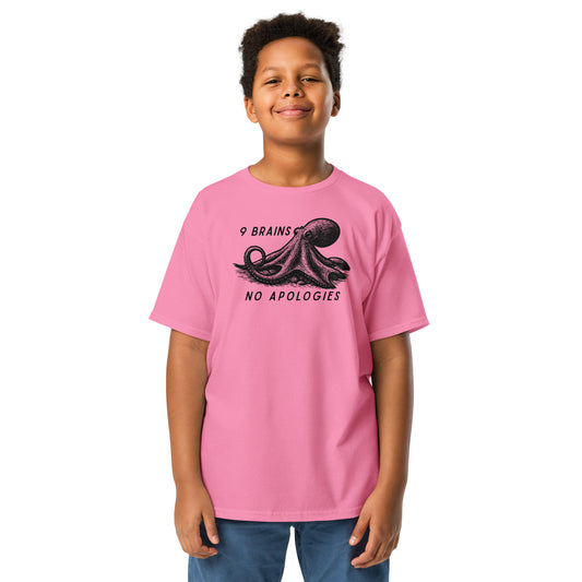 9 Brains No Apologies giant Pacific octopus linocut youth t-shirt on young girl — kids cephalopod tee