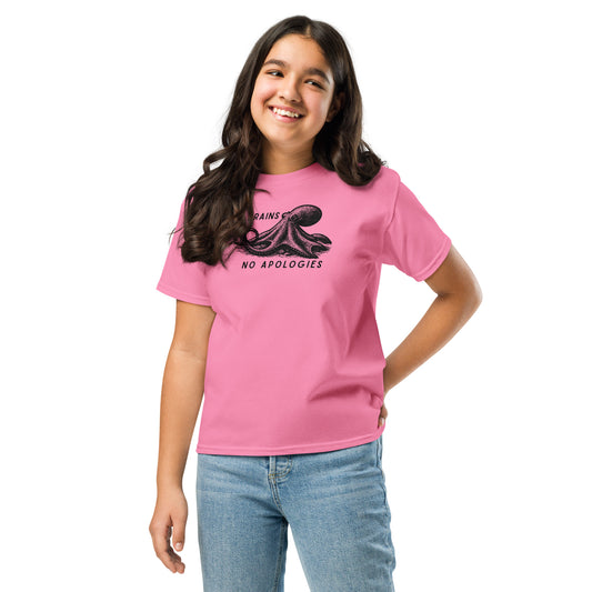 9 Brains No Apologies giant Pacific octopus linocut youth t-shirt on young girl — kids cephalopod tee