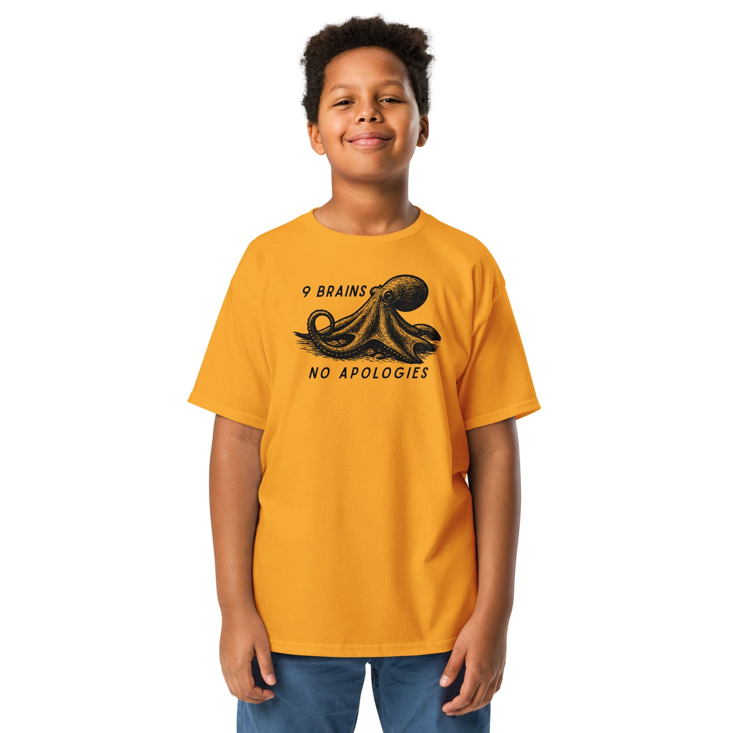 Product 9 Brains No Apologies giant Pacific octopus linocut youth t-shirt on young girl — kids cephalopod teemockup