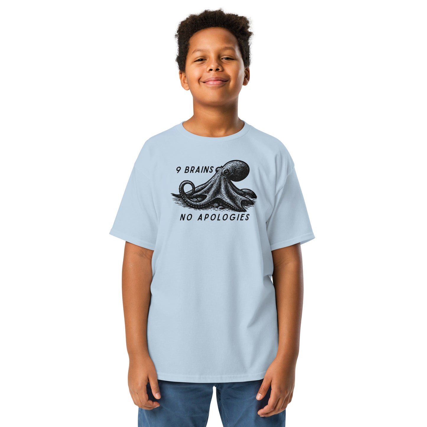 9 Brains No Apologies giant Pacific octopus linocut youth t-shirt on young girl — kids cephalopod tee
