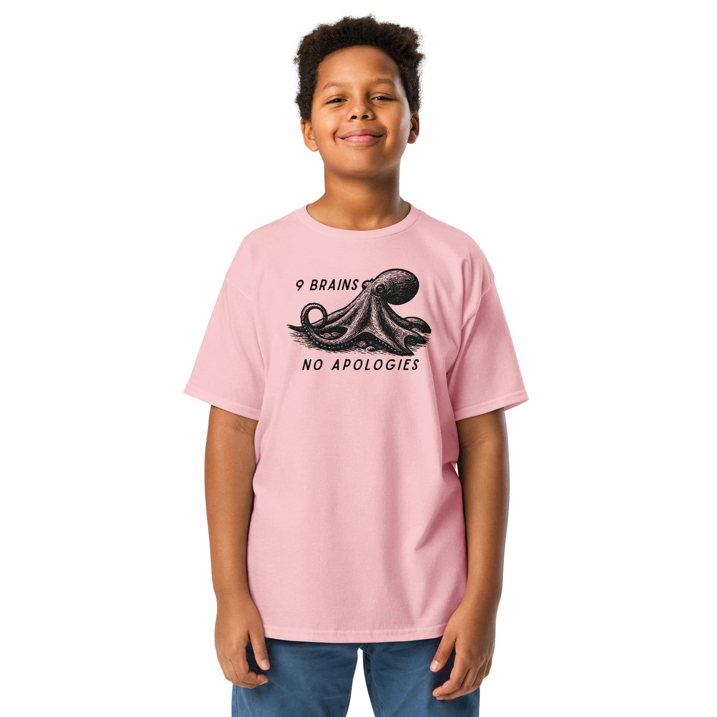 9 Brains No Apologies giant Pacific octopus linocut youth t-shirt on young girl — kids cephalopod tee