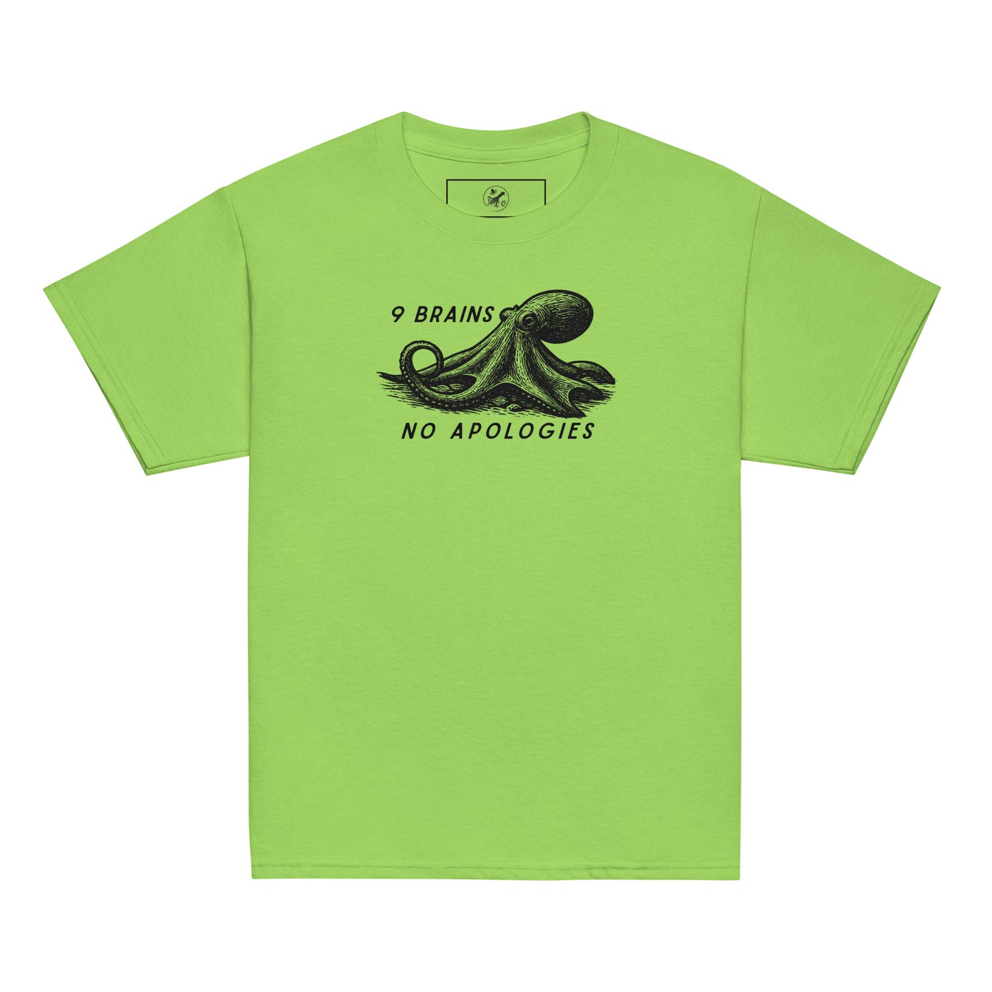 9 Brains No Apologies giant Pacific octopus linocut youth t-shirt on young girl — kids cephalopod tee