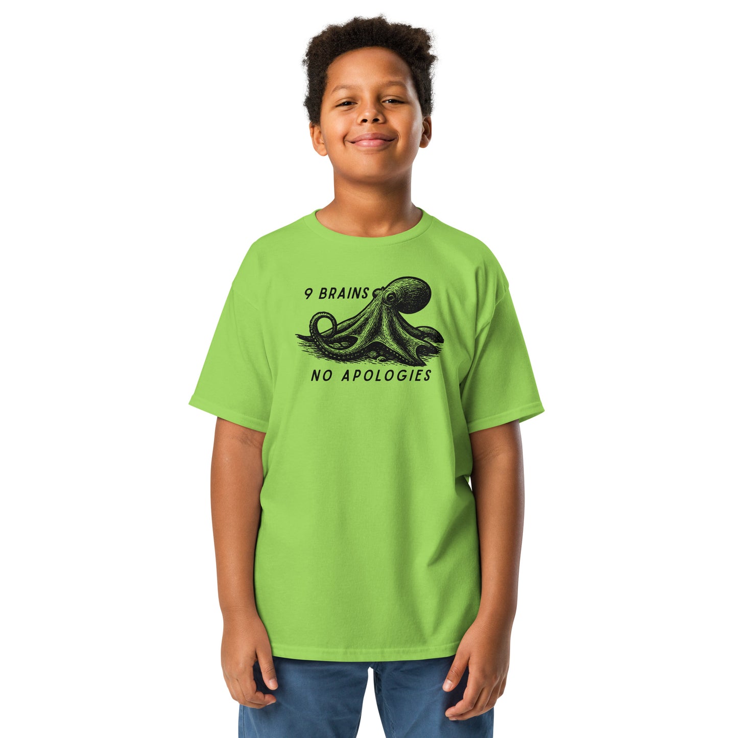 9 Brains No Apologies giant Pacific octopus linocut youth t-shirt on young girl — kids cephalopod tee