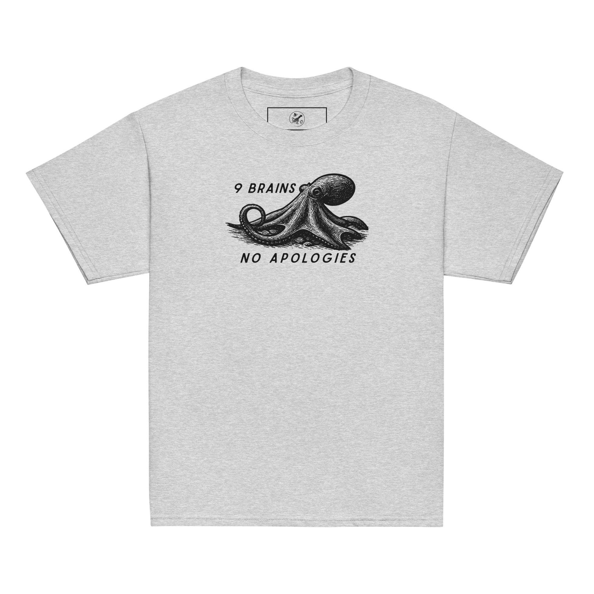 9 Brains No Apologies giant Pacific octopus linocut youth t-shirt on young girl — kids cephalopod tee