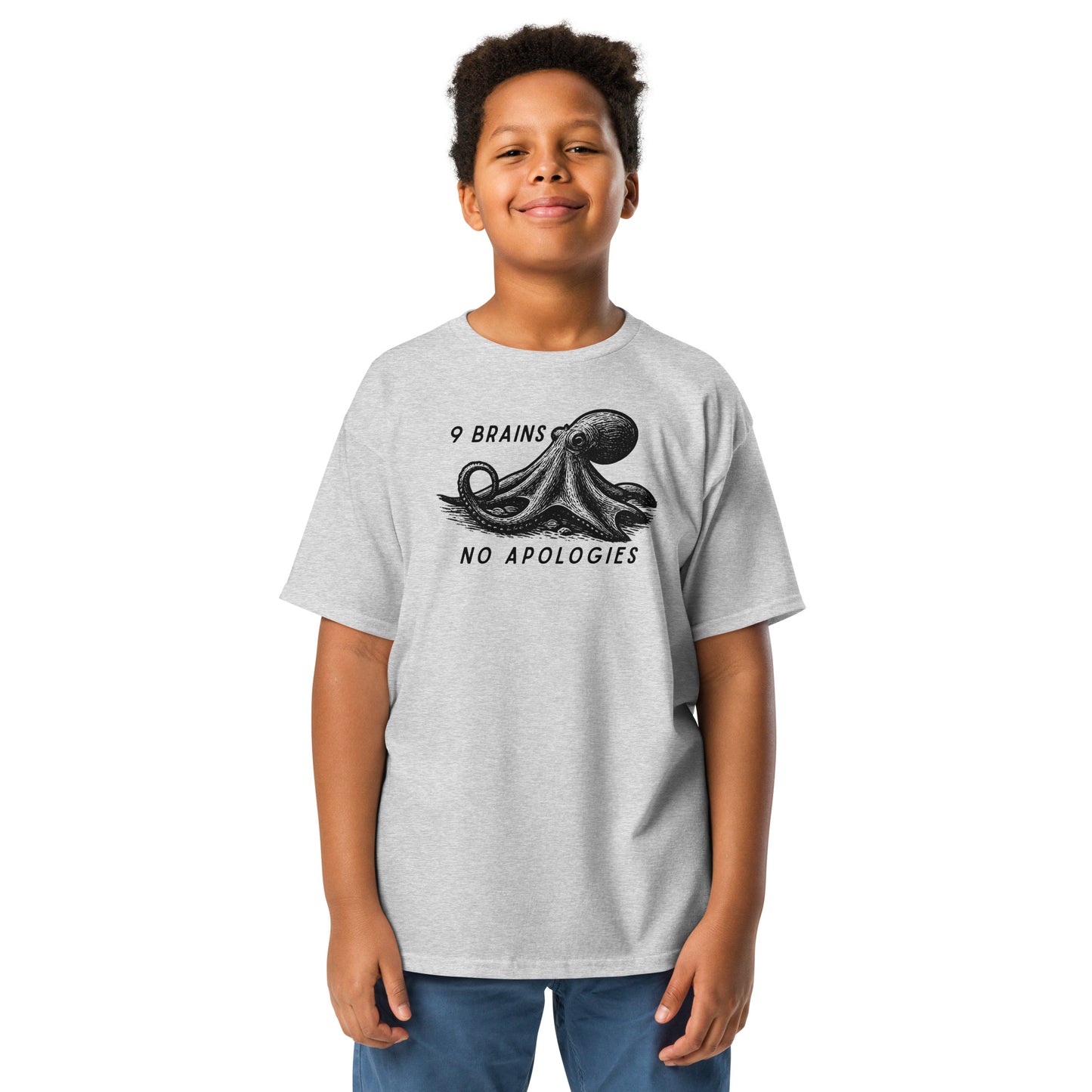 9 Brains No Apologies giant Pacific octopus linocut youth t-shirt on young girl — kids cephalopod tee